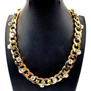 Gold Tone Curb Chain Necklace With Clear Rhinestones By Natasha Chunky Heavy